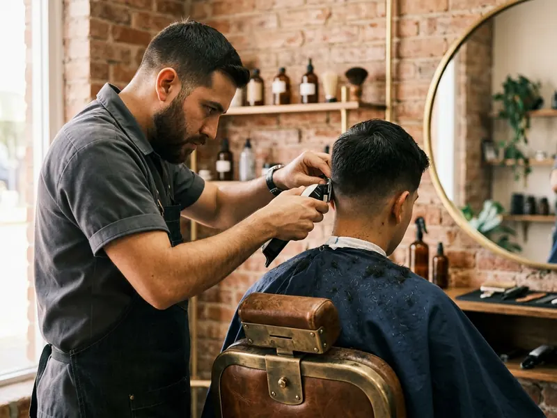 Barber fading a client's hair in a barbershop