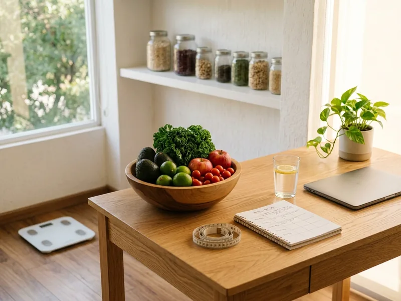 Escritorio de consultorio de nutrición con frutas y verduras frescas, plan de alimentación y báscula de composición corporal