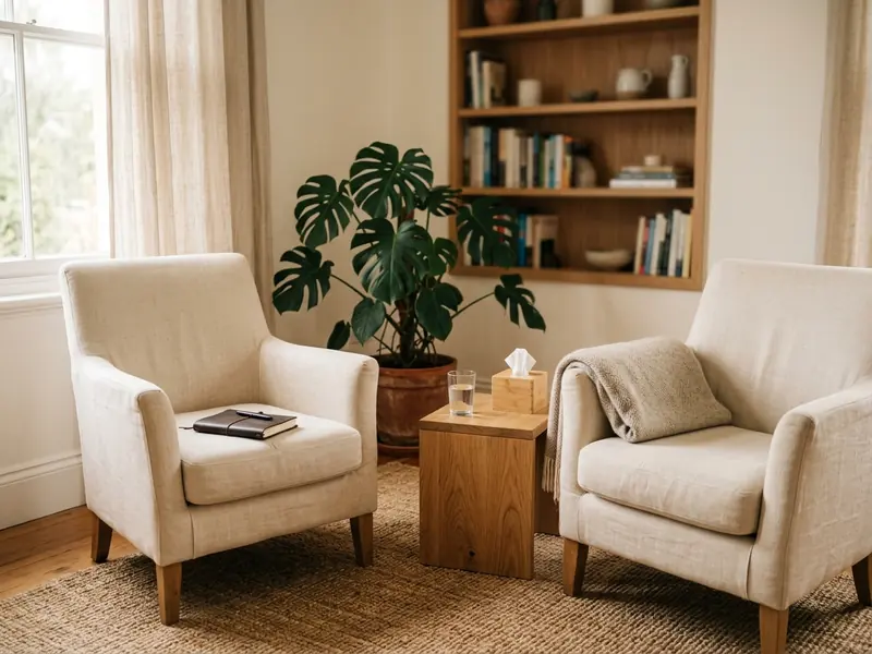 Calm therapy office with two armchairs and a plant