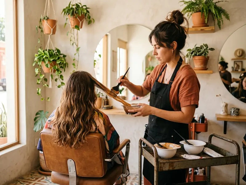 Stylist applying color to a client's hair in a beauty salon