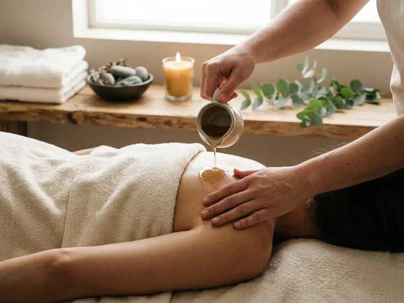 Therapist pouring warm oil on a client's back in a spa
