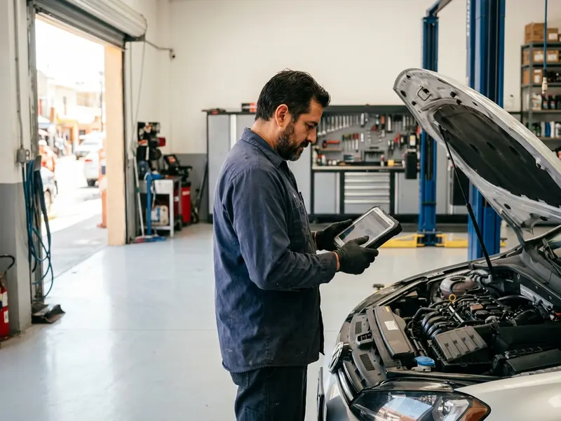 Mechanic checking a tablet next to a car with the hood open