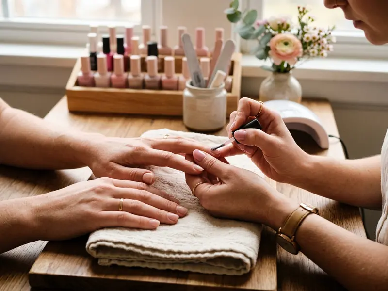 Nail technician painting a client's nails with pink polish